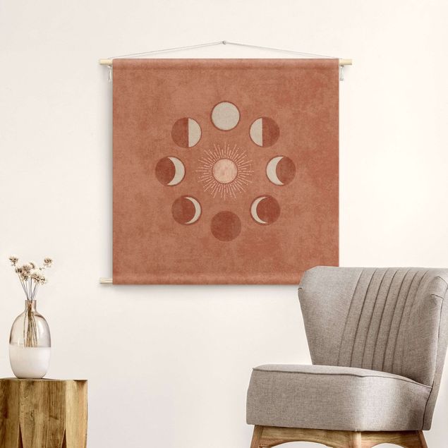Tapices pared mandala Boho Phases Of the Moon With Sun
