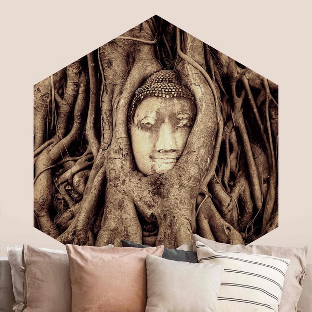 Papel pintado floral Buddha In Ayutthaya Lined With Tree Roots In Brown