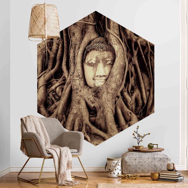Papel pintado moderno Buddha In Ayutthaya Lined With Tree Roots In Brown