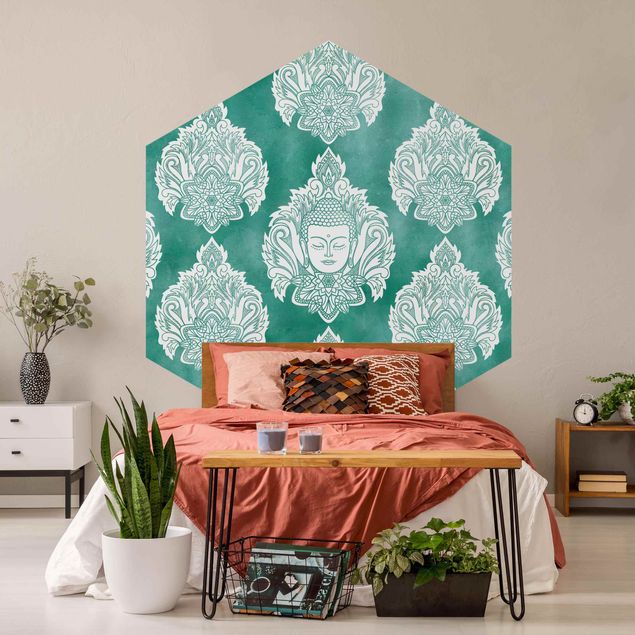 Papel pintado salón moderno Buddha And Lotus Emerald Pattern