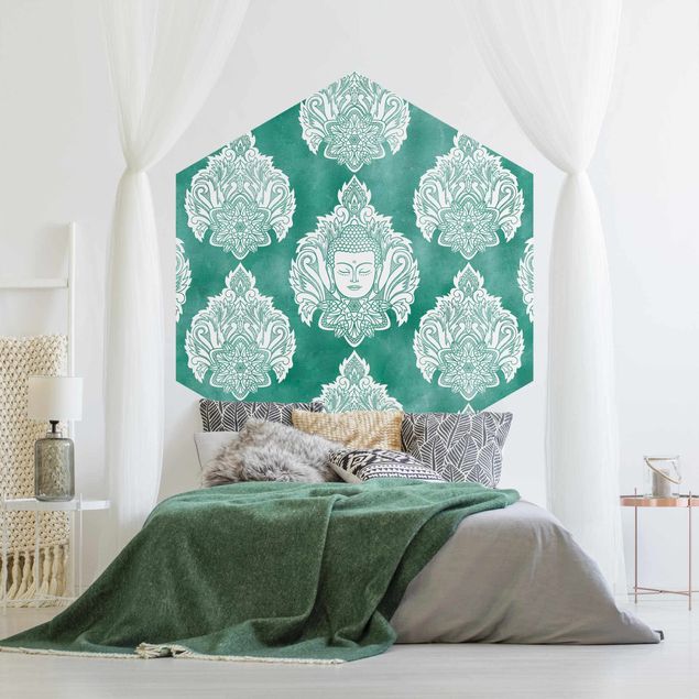 Papel pintado hexagonal Buddha And Lotus Emerald Pattern