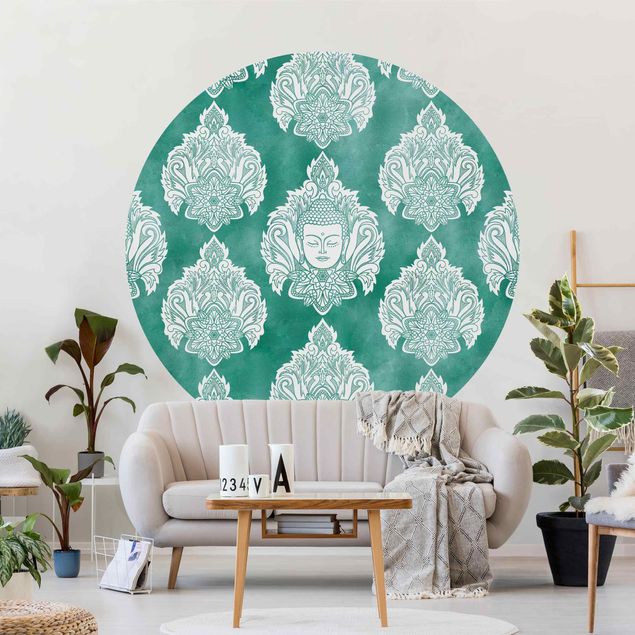 Papel pintado con patrones Buddha And Lotus Emerald Pattern