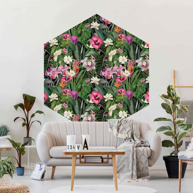 Papel pintado salón moderno Colourful Tropical Flowers Collage