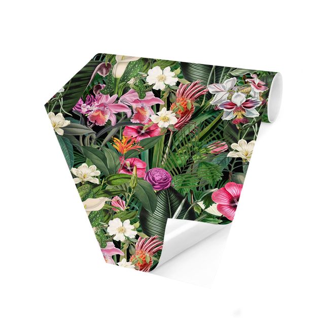 Papel pared verde Colourful Tropical Flowers Collage