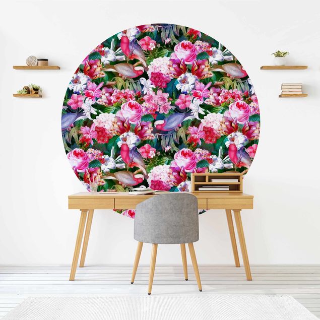 Papel pintado rosas Colourful Tropical Flowers With Birds Pink