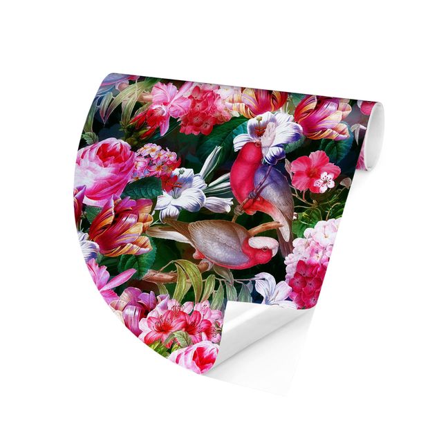 Papel pintado aves Colourful Tropical Flowers With Birds Pink