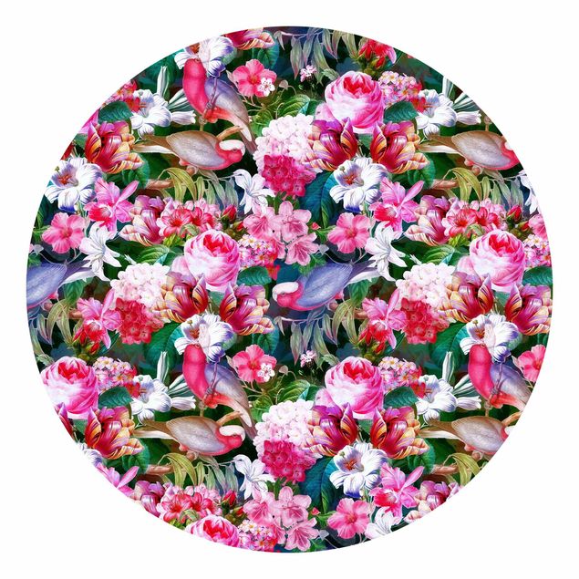 Papel pared flores Colourful Tropical Flowers With Birds Pink