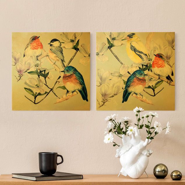 Cuadros animales Clolourful Birds On The Branch Of A Magnolia Set