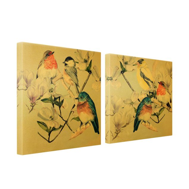 Cuadros decorativos Clolourful Birds On The Branch Of A Magnolia Set