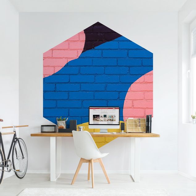 Papel pintado hexagonal Colourful Brick Wall In Blue And Pink