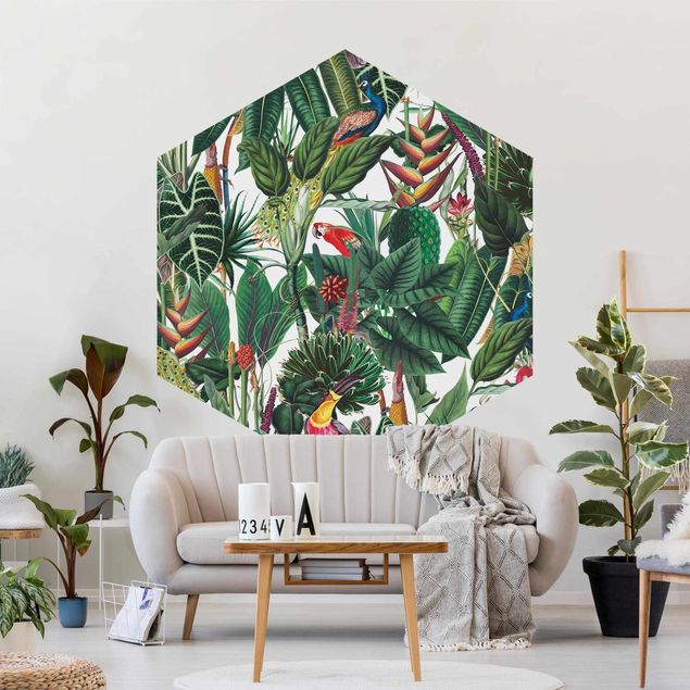 Papel pintado flores Colourful Tropical Rainforest Pattern