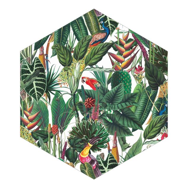 Papel pintado tonos verdes Colourful Tropical Rainforest Pattern