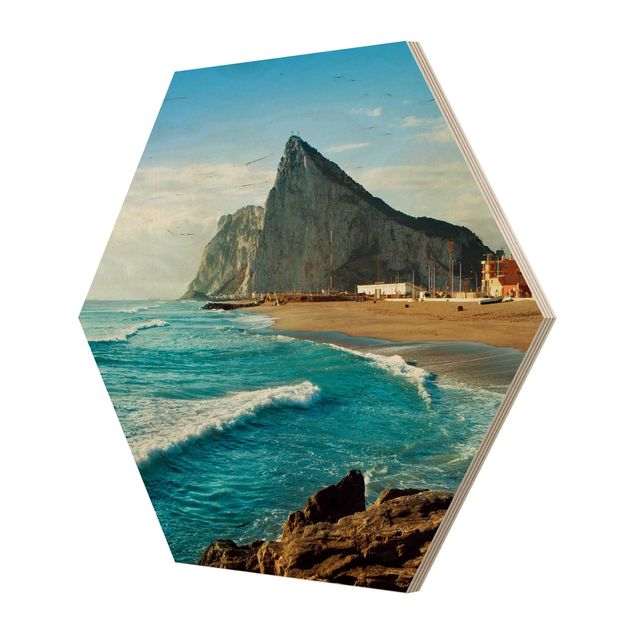 Hexagon Bild Holz - Gibraltar am Meer