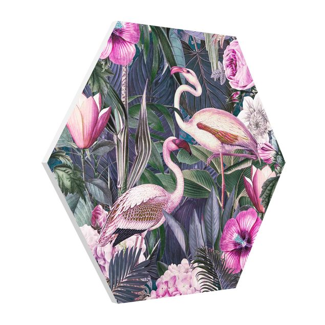 Cuadros de flores modernos Colorful Collage - Pink Flamingos In The Jungle