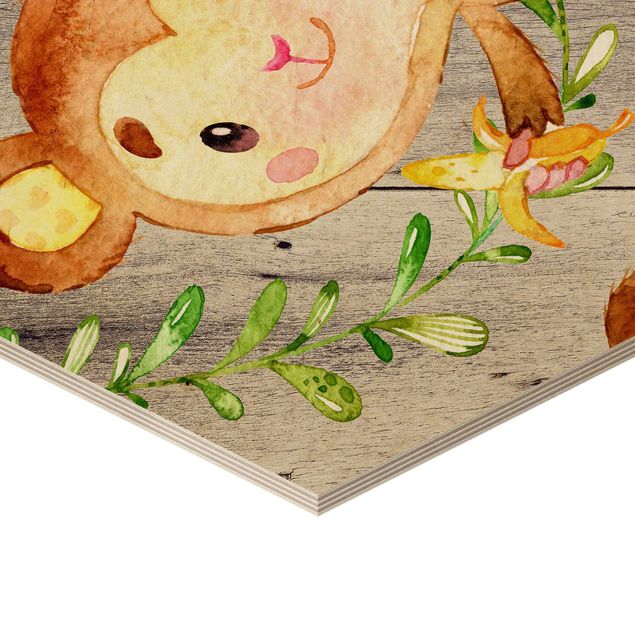 cuadro hexagonal Watercolor Monkey On Wood
