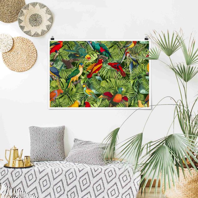 Póster flores Colourful Collage - Parrots In The Jungle