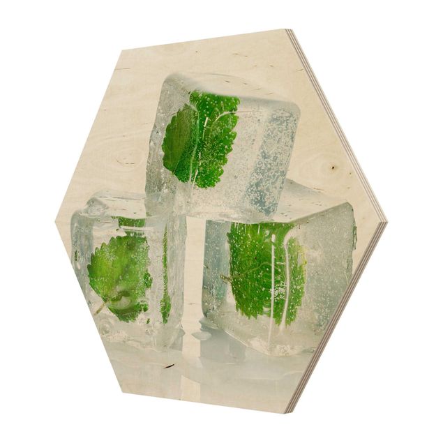 Hexagon Bild Holz - Drei Eiswürfel mit Melisse