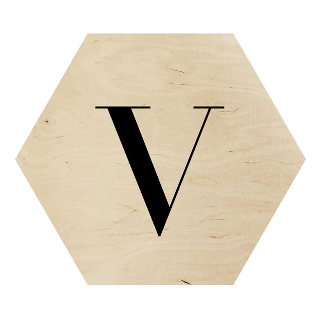 Hexagon Bild Holz - Buchstabe Serif Weiß V