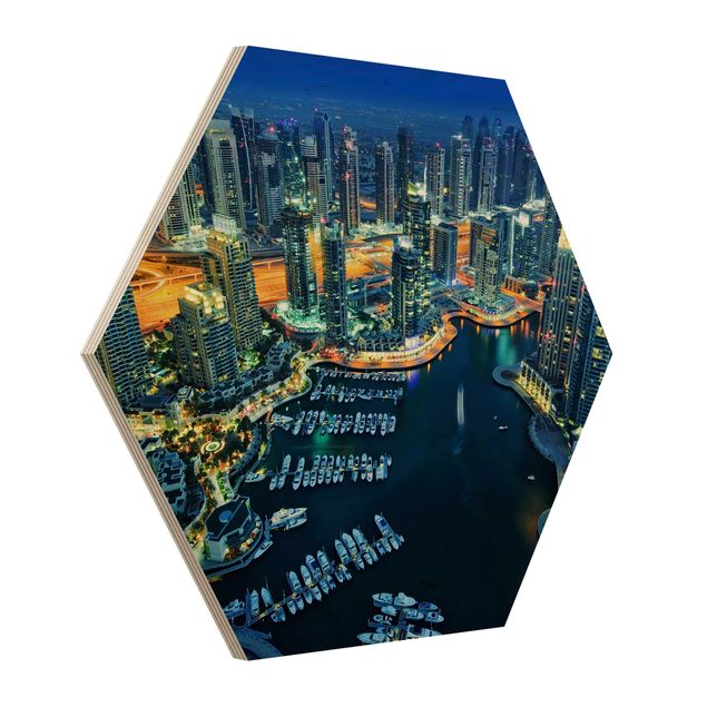 Hexagon Bild Holz - Nächtliche Dubai Marina