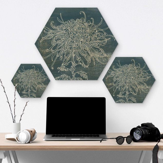 Hexagon Bild Holz - Indigo-Pflanzen I