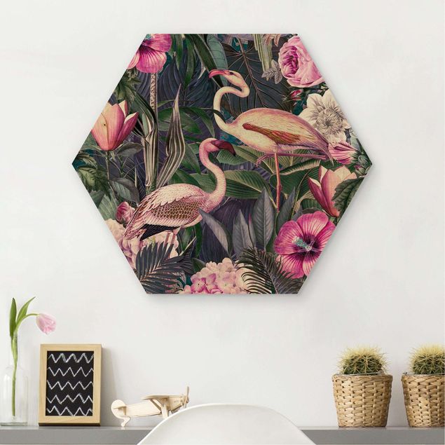 Decoración de cocinas Colorful Collage - Pink Flamingos In The Jungle