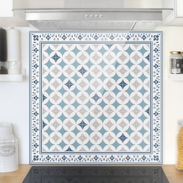 Decoración de cocinas Geometrical Tiles Circular Flowers Dark Blue With Border