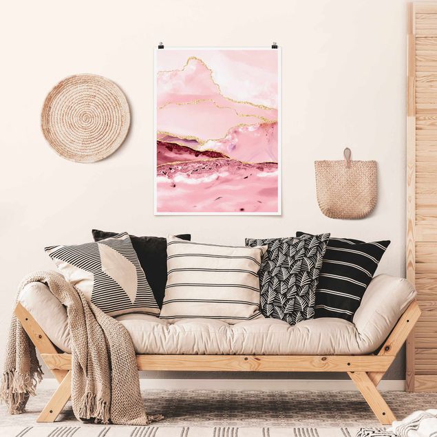 Póster de cuadros famosos Abstract Mountains Pink With Golden Lines