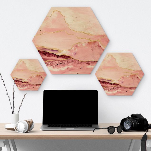 cuadros hexagonales Abstract Mountains Pink With Golden Lines