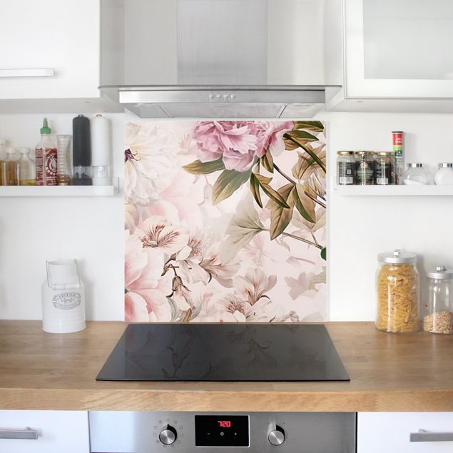 Panel antisalpicaduras cocina flores Illustrated Peonies In Light Pink