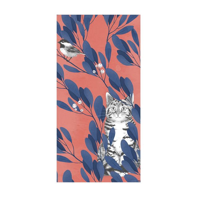 Alfombras rojas Illustration Cat and Bird On Branch Blue Red
