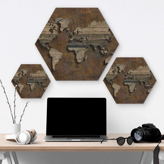 Hexagon Bild Holz - Holz Rost Weltkarte