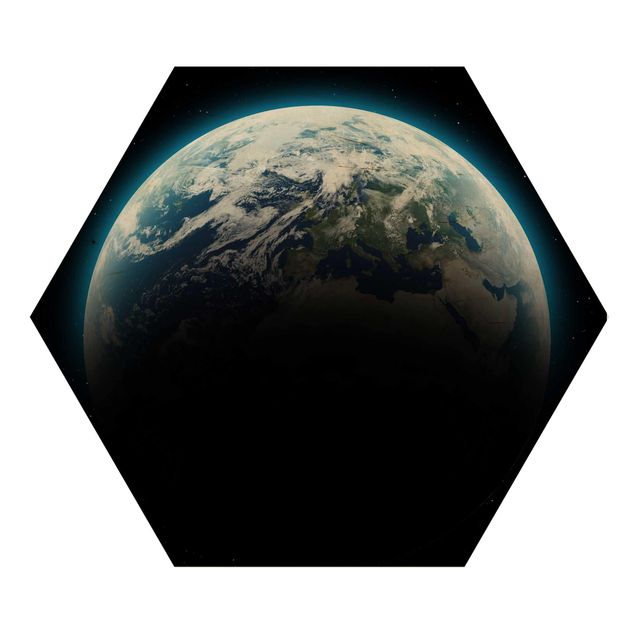 Hexagon Bild Holz - Illuminated Planet Earth