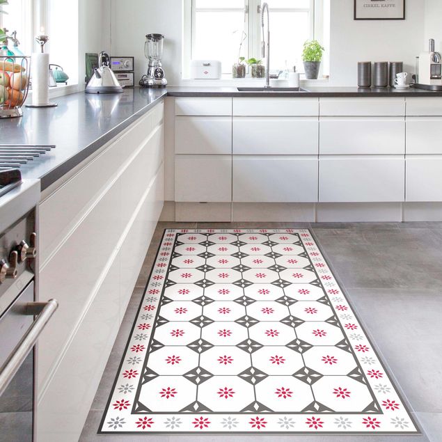 Alfombra pasillo Geometrical Tiles Cottage Grey Red With Border