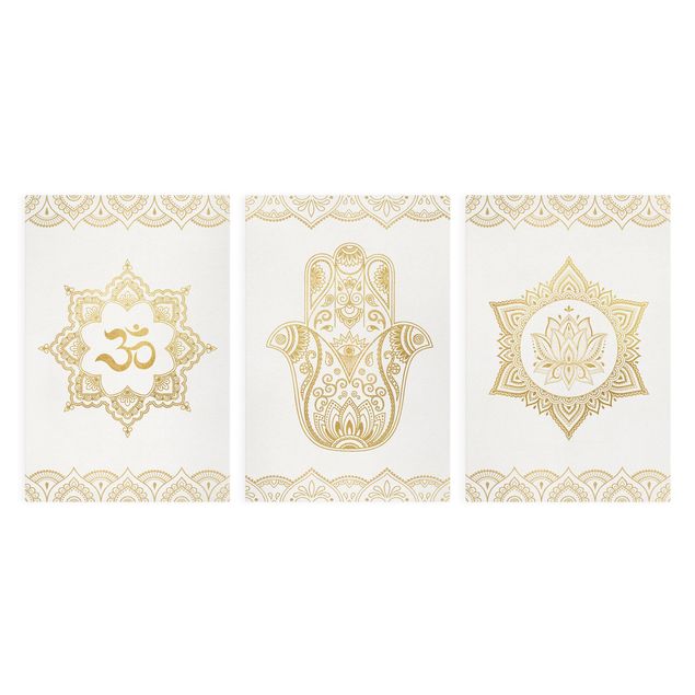 Cuadros modernos Hamsa Hand Lotus OM Illustration Set Gold