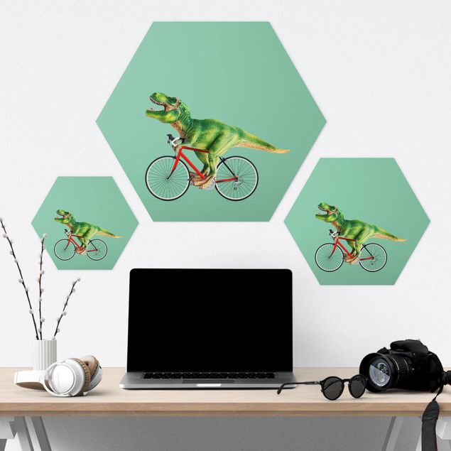 Cuadros hexagonales Dinosaur With Bicycle
