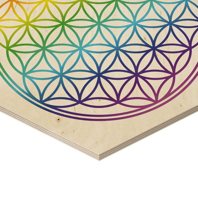 Hexagon Bild Holz - Blume des Lebens Regenbogenfarbe