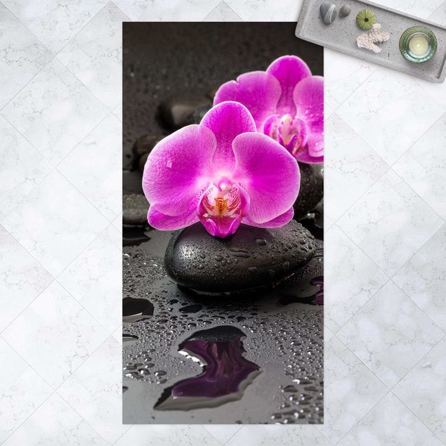 Alfombra exterior Pink Orchid Flower On Stones With Drops