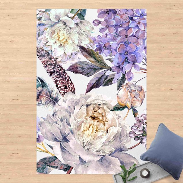 Afombra para balcón Delicate Watercolour Boho Flowers And Feathers Pattern