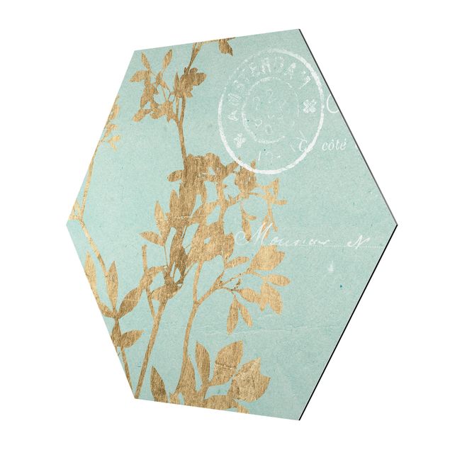 Cuadros decorativos Golden Leaves On Turquoise I