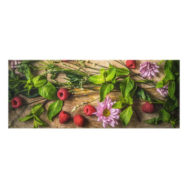 Panel antisalpicaduras cocina efecto madera Flowers Raspberry Mint