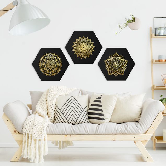 Cuadros de mandalas Mandala Flower Sun Illustration Set Black Gold