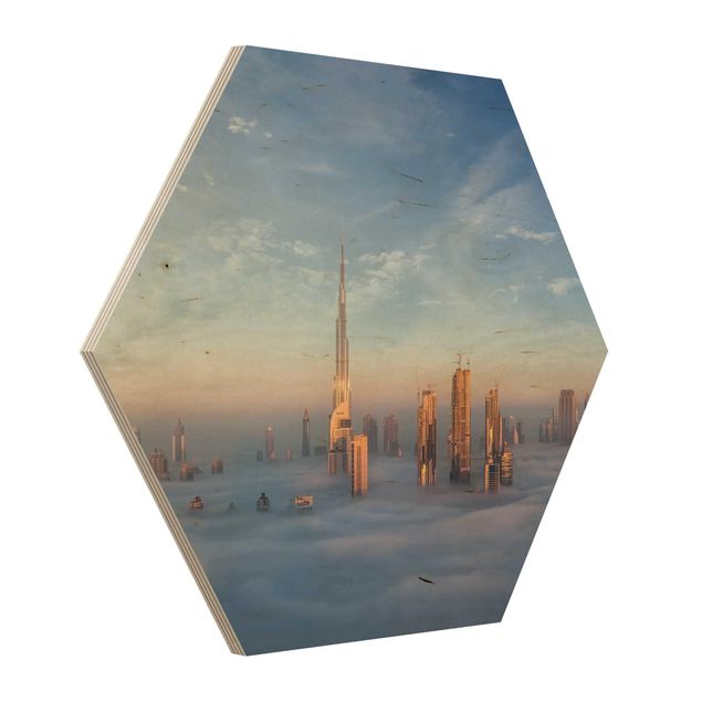Hexagon Bild Holz - Dubai über den Wolken