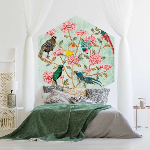 Papel pared flores Chinoiserie Collage In Mint II