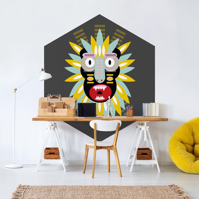 Papel pintado tonos beige Collage Ethnic Mask - King Kong