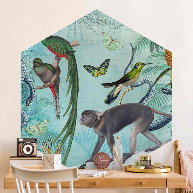 Papel pintado de mariposas Colonial Style Collage - Monkeys And Birds Of Paradise