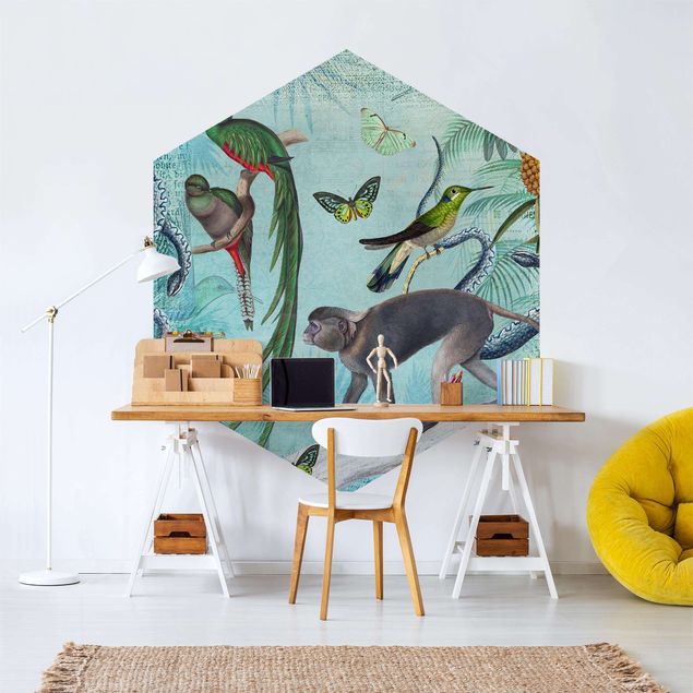 Papel pintado aves Colonial Style Collage - Monkeys And Birds Of Paradise