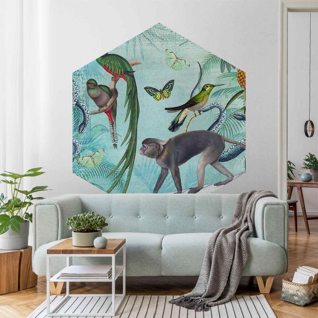 Papel pared flores Colonial Style Collage - Monkeys And Birds Of Paradise