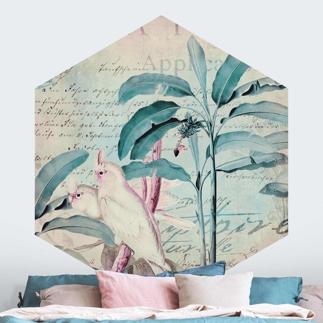 Papel pintado aves Colonial Style Collage - Cockatoos And Palm Trees