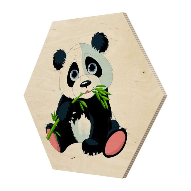 Hexagon Bild Holz - Naschender Panda
