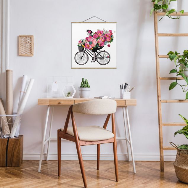 Cuadros de flores modernos Illustration Woman On Bicycle Collage Colourful Flowers